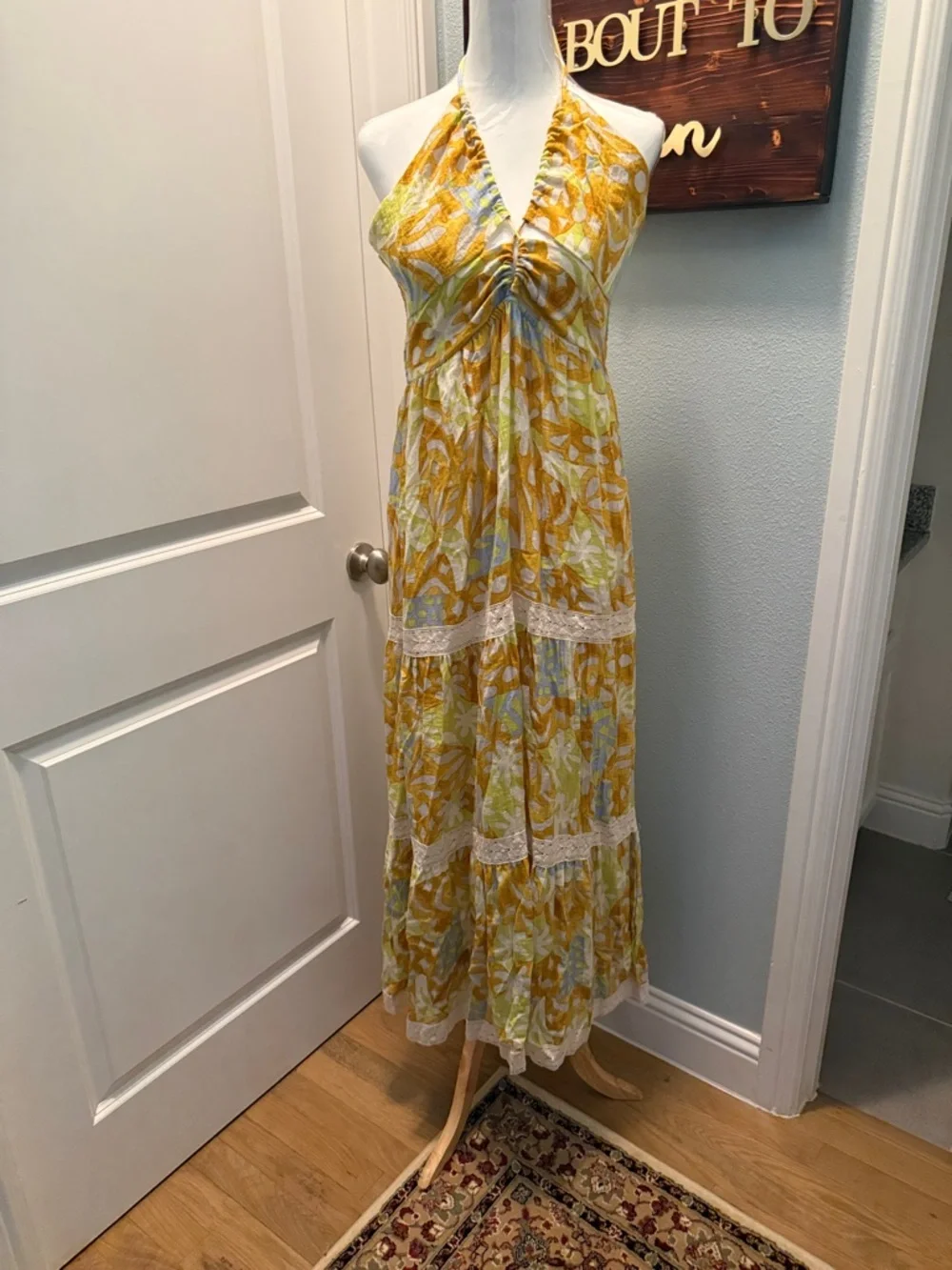 ILLA ILLA Yellow Floral Halter Maxi Dress with Lace Trim - Picture 1 of 9